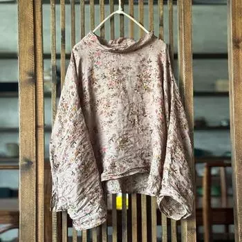 Johnature Женские винтажные футболки с высоким воротом, принт с цветочным принтом, осенние свободные женские футболки в китайском стиле One Size