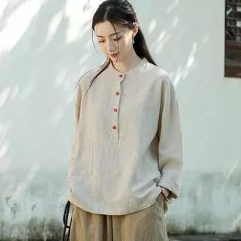 Johnature женские винтажные футболки-стойки с длинными рукавами и карманами в стиле пэчворк, однотонные футболки, весенние свободные футболки на пуговицах One Size чёрный