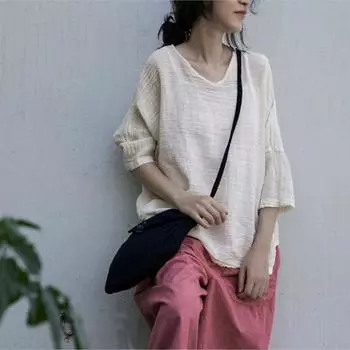 Johnature женские винтажные хлопковые футболки Ramie однотонные летние футболки с круглым вырезом и половиной рукавов одежда повседневные мягкие футболки бежевый