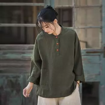 Johnature Женские винтажные хлопковые футболки с длинным рукавом, однотонные, весенние, с карманами на пуговицах, женские футболки с пуговицами One Size бежевый