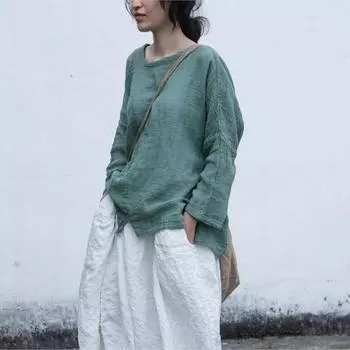 Johnature женские винтажные хлопковые льняные футболки с круглым вырезом и длинными рукавами, осенние однотонные свободные нерегулярные женские футболки One Size зелёный