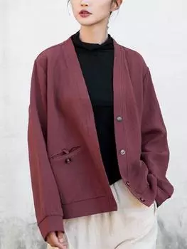 Johnature женские винтажные хлопковые льняные куртки с длинными рукавами и пуговицами, зимние однотонные свободные женские куртки