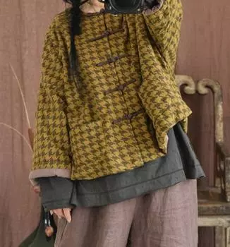 Johnature женские винтажные хлопковые льняные парки на пуговицах с девятью рукавами и цветочным принтом, зимние свободные парки в китайском стиле One Size темно-желтого