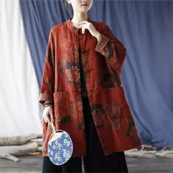 Johnature женские винтажные хлопковые льняные рубашки, топы, осенние блузки с рукавами «летучая мышь» и пуговицами, свободные женские рубашки с карманами One Size темно-красного