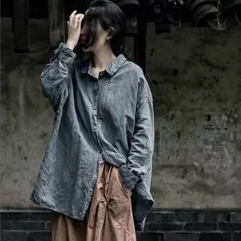 Johnature женские винтажные хлопковые льняные рубашки ops с отложным воротником однотонные блузки на пуговицах осенние свободные рубашки One Size темно серый