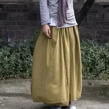 Johnature женские винтажные хлопковые льняные юбки с эластичной резинкой на талии, однотонная одежда, осенние женские юбки трапециевидной формы One Size темно-желтого