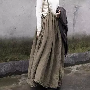 Johnature женские винтажные хлопковые льняные юбки толстые однотонные эластичные талии высокого качества осенние юбки трапециевидной формы на бретельках One Size кофейный