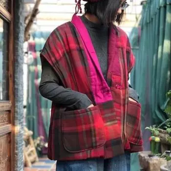 Johnature женские винтажные хлопковые льняные жилеты пальто в стиле пэчворк в китайском стиле без рукавов с v-образным вырезом в клетку зимние женские пальто жилеты One Size красный