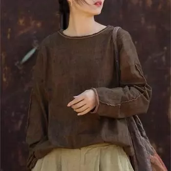 Johnature женские винтажные хлопковые лоскутные футболки с круглым вырезом и длинными рукавами, осенние футболки, свободные женские футболки One Size темно-красного