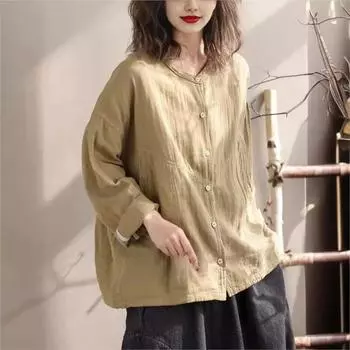 Johnature женские винтажные хлопковые мягкие рубашки топы с круглым вырезом с длинными рукавами весенние блузки повседневные тканевые однотонные рубашки