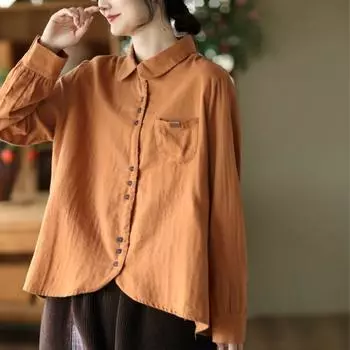 Johnature женские винтажные хлопковые однотонные рубашки отложного цвета весенние блузки с длинными рукавами и пуговицами женские рубашки