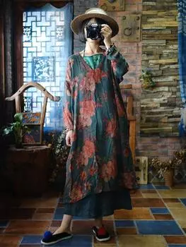 Johnature женские винтажные хлопковые осенние платья, хлопковые платья с цветочным принтом и рукавами «летучая мышь», женское платье в китайском стиле One Size темно-зеленого