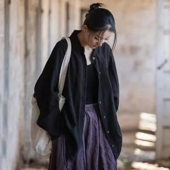 Johnature женские винтажные хлопковые рубашки с рукавами «летучая мышь» из рами, весенние однотонные свободные женские блузки на пуговицах One Size чёрный