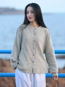 Johnature женские винтажные хлопковые рубашки, топы, однотонные блузки с круглым вырезом и длинными рукавами, весенняя рубашка на пуговицах в китайском стиле