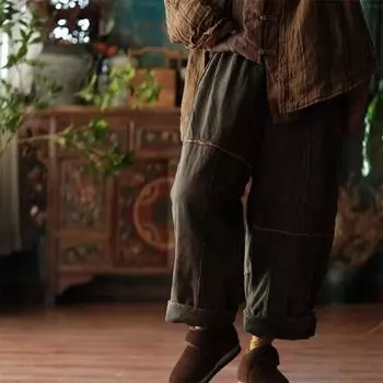 Johnature женские винтажные хлопковые широкие брюки зеленые теплые зимние брюки с эластичной резинкой на талии лоскутные свободные брюки One Size темно-зеленого