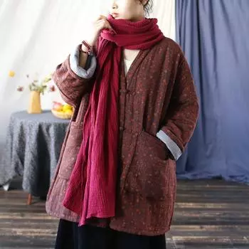 Johnature женские винтажные хлопковые теплые парки на пуговицах с v-образным вырезом и длинными рукавами, хлопковые зимние пальто с цветочным принтом и карманами, парки One Size кофейный