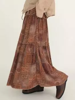 Johnature женские винтажные хлопковые юбки с цветочным принтом с эластичной резинкой на талии, лоскутная одежда, осенние женские юбки высокого качества One Size коричневый