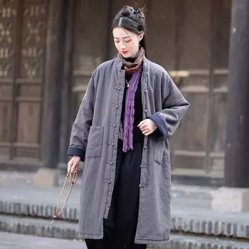 Johnature женские винтажные хлопковые зимние парки однотонные теплые пальто на пуговицах винтажные льняные парки в стиле пэчворк с карманами One Size чёрный