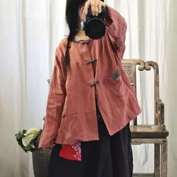 Johnature Женские винтажные карманы на пуговицах, весенние свободные топы с круглым вырезом и длинным рукавом в китайском стиле One Size бежевый