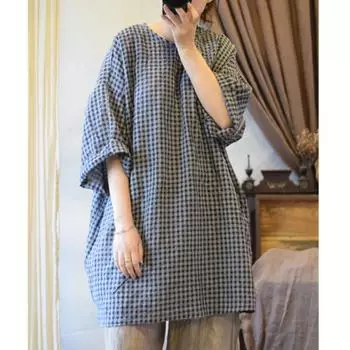 Johnature Женские винтажные клетчатые футболки с круглым вырезом и семью рукавами Летние свободные повседневные женские футболки One Size