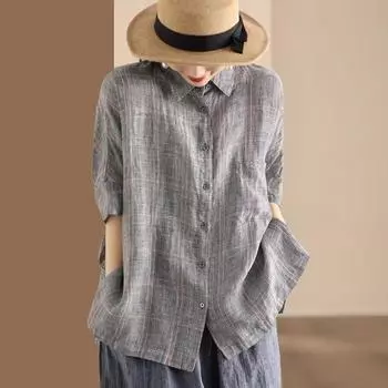 Johnature Женские винтажные клетчатые рубашки, топы, летние блузки с отложным воротником и коротким рукавом, свободные рубашки на пуговицах One Size