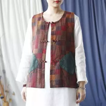 Johnature Женские винтажные клетчатые жилеты с круглым вырезом и пуговицами, осенние лоскутные карманы, женские жилеты в китайском стиле One Size
