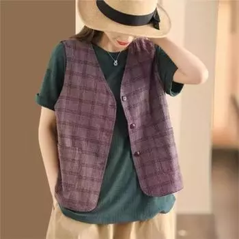 Johnature Женские винтажные клетчатые жилеты с V-образным вырезом и карманами в стиле пэчворк Осенние жилеты из хлопка и льна в китайском стиле One Size