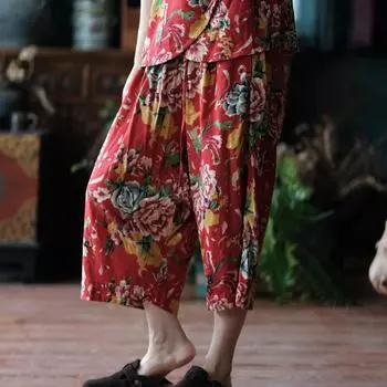 Johnature Женские винтажные красные цветочные прямые брюки с эластичной талией, летние брюки в китайском стиле, женские брюки длиной до икр One Size