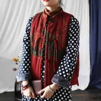 Johnature женские винтажные красные жилеты с цветочным принтом пальто со стойкой плюс хлопковая теплая одежда осенние жилеты на пуговицах в китайском стиле пальто One Size темно-красного