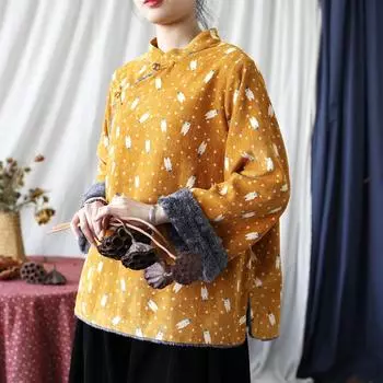 Johnature женские винтажные куртки плюс теплые пальто с весенним принтом и цветочным принтом в китайском стиле куртки M жёлтый