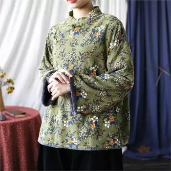 Johnature женские винтажные куртки с длинным рукавом и зеленым принтом с цветочным принтом, весенние куртки на пуговицах M зелёный