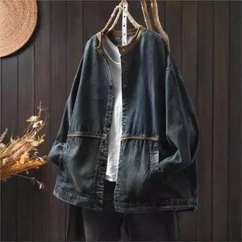 Johnature Женские Винтажные Куртки Пуговичная Лоскутная Расцветка Длинный Рукав Весенние Пальто Повседневные Свободные Женские Куртки One Size темно-синий