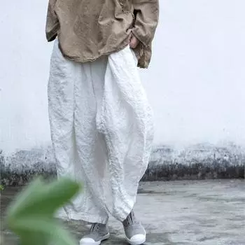Johnature женские винтажные льняные белые широкие брюки с эластичной резинкой на талии летние свободные брюки повседневные женские брюки белый