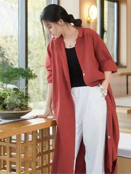 Johnature женские винтажные льняные длинные рубашки, однотонные блузки с длинными рукавами, весенняя рубашка на пуговицах One Size зелёный