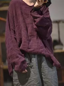 Johnature женские винтажные льняные футболки футболки с v-образным вырезом и длинными рукавами одежда высокого качества весенние однотонные футболки One Size темно серый