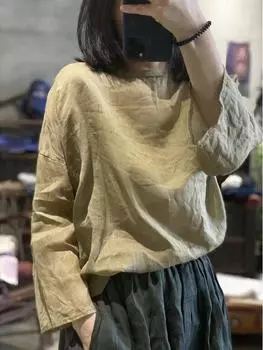 Johnature женские винтажные льняные футболки с разрезом на шее летние свободные однотонные футболки с семью рукавами повседневные футболки One Size светло-серый