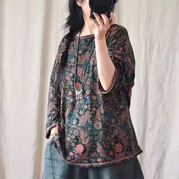 Johnature женские винтажные льняные футболки с цветочным принтом осенние футболки высокого качества осенняя женская одежда свободный мягкий топ