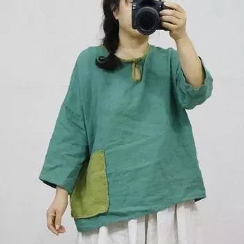 Johnature женские винтажные льняные футболки топы футболки с карманами в стиле пэчворк осенняя женская одежда свободные футболки