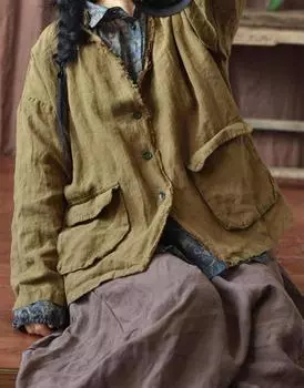 Johnature женские винтажные льняные куртки с длинными рукавами и пуговицами, однотонные пальто с карманами, осенние свободные куртки One Size кофейный