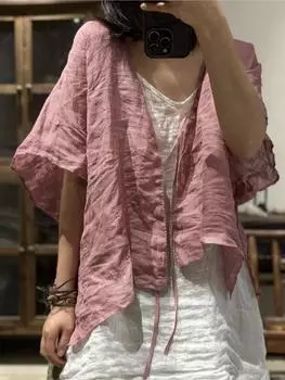 Johnature женские винтажные льняные летние рубашки сплошной цвет с поясом топы в китайском стиле блузки с v-образным вырезом и короткими рукавами свободная рубашка One Size зелёный