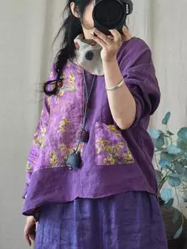 Johnature женские винтажные льняные лоскутные цветные футболки с длинными рукавами и v-образным вырезом, весенние футболки, свободные футболки One Size фиолетовый
