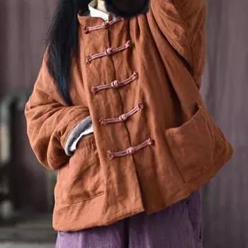 Johnature женские винтажные льняные парки на пуговицах однотонные пальто зимние со стойкой плюс хлопковые карманы женские китайские парки One Size оранжевый