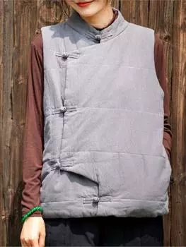 Johnature женские винтажные льняные плюс хлопковые жилеты, пальто, однотонная теплая одежда на пуговицах, осенние женские жилеты в китайском стиле One Size темно-синий