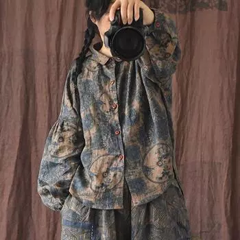 Johnature женские винтажные льняные рубашки и топы с цветочным принтом блузки с отложным воротником осенние свободные качественные рубашки на пуговицах One Size синий