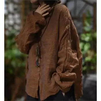 Johnature женские винтажные льняные рубашки с высоким воротником, однотонные топы на пуговицах с длинными рукавами, осенние повседневные женские рубашки на пуговицах One Size кофейный