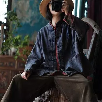 Johnature женские винтажные льняные рубашки темно-синие лоскутные блузки с карманами-стойкой и длинными рукавами на пуговицах осенние женские рубашки