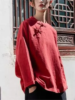 Johnature женские винтажные льняные рубашки топы блузки со стойкой с длинными рукавами весенние однотонные женские рубашки на пуговицах One Size чёрный