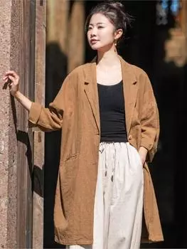 Johnature женские винтажные льняные рубашки топы с отложным воротником однотонные весенние пуговицы женские рубашки средней длины топы One Size жёлтый