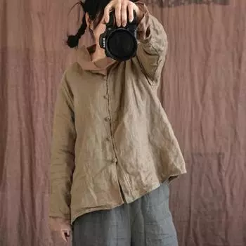 Johnature женские винтажные льняные рубашки топы с v-образным вырезом и длинными рукавами на пуговицах весенние блузки в китайском стиле One Size темные хаки