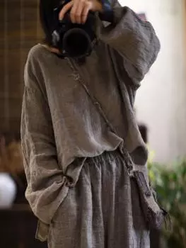 Johnature женские винтажные льняные серые футболки с длинными рукавами, топы высокого качества, весенние свободные женские футболки One Size кофейный